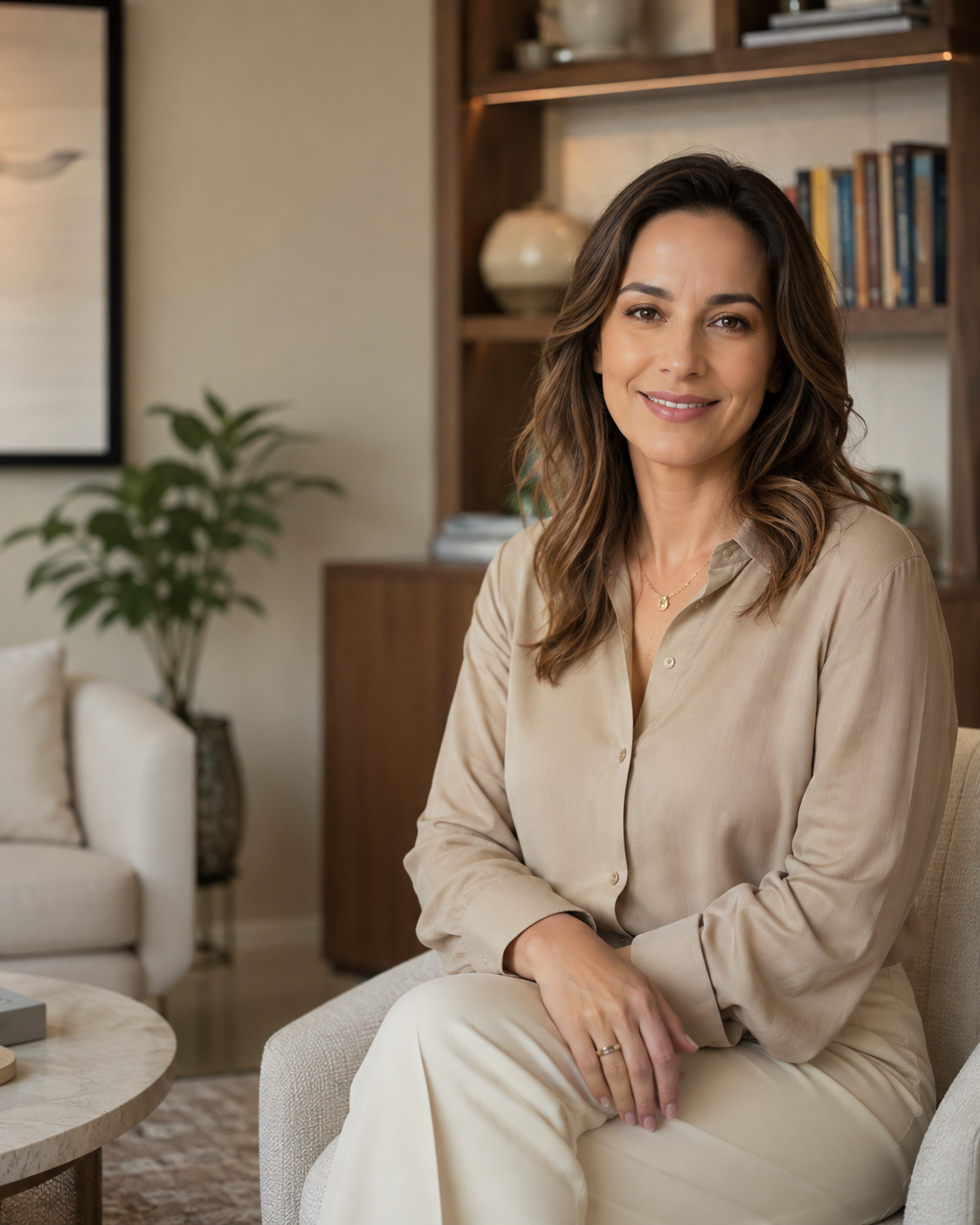 Retrato profissional de Clara Montenegro em ambiente acolhedor